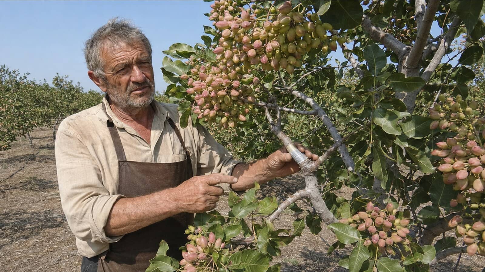 Фото: руки чоловіка у фартуху крупним планом роблять щеплення чоловічої гілки в крону молодого дерева, щепильний ніж і стрічка