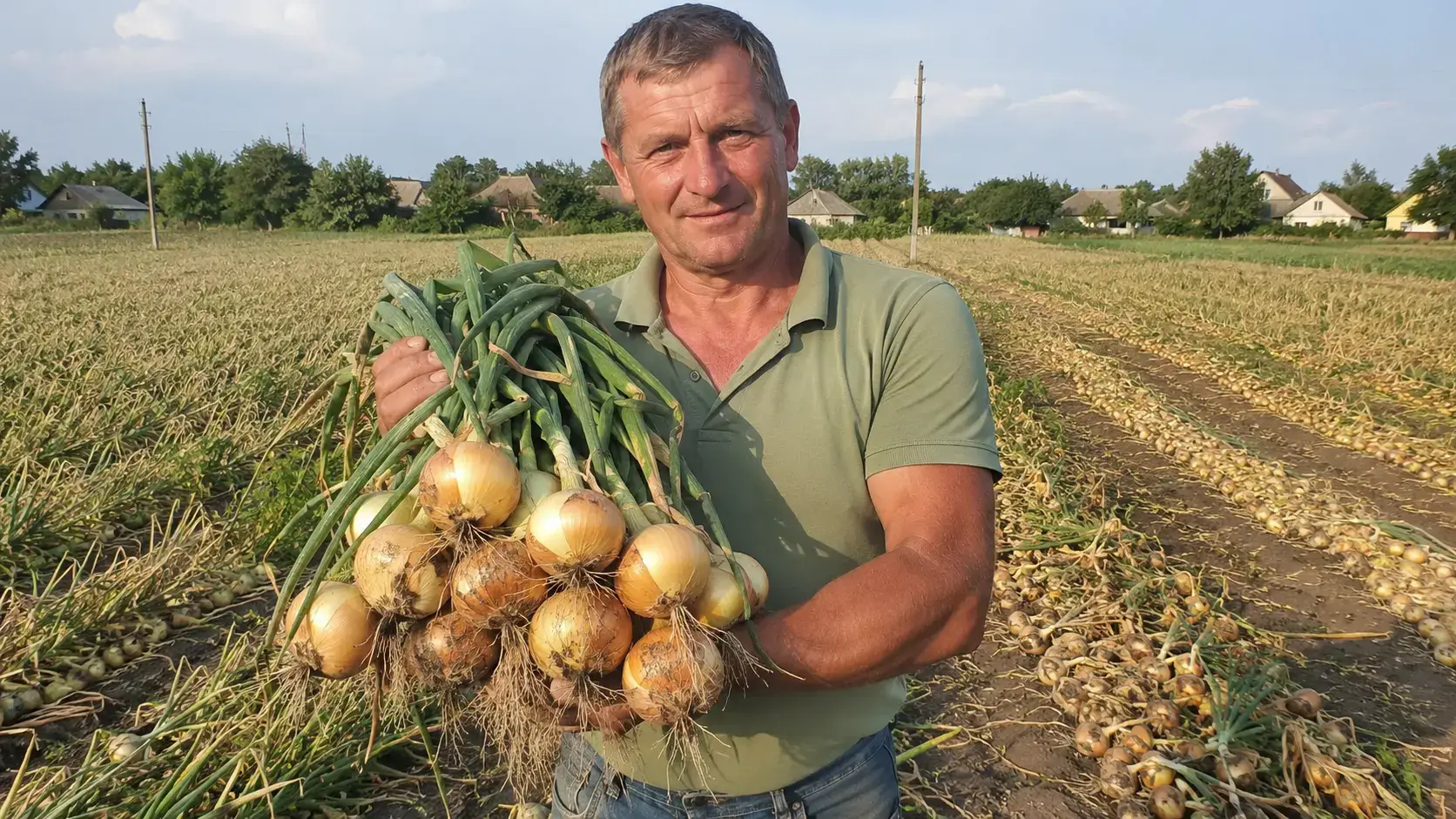 Портрет Миколи Гавриленка на фоні грядки з цибулею