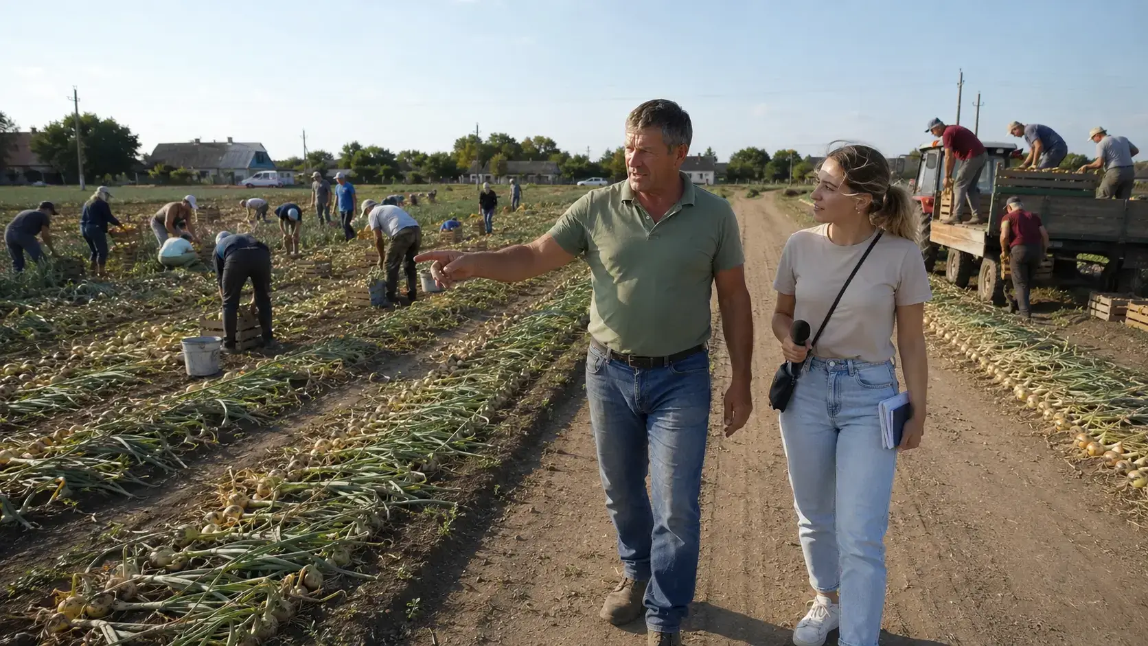 Агроном оглядає грядку з сімейною цибулею